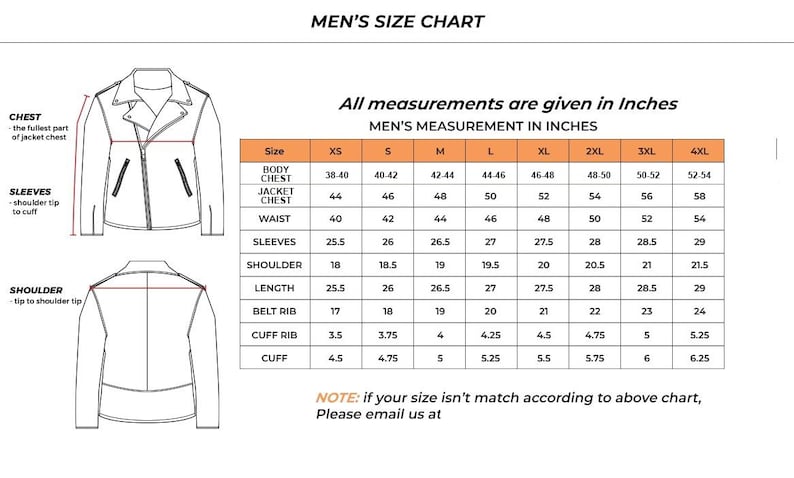 May include: A white background displays a men's size chart for jackets. The chart includes measurements in inches for body chest, jacket chest, waist, sleeves, shoulder, length, belt rib, cuff rib, and cuff. The chart ranges from XS to 4XL.