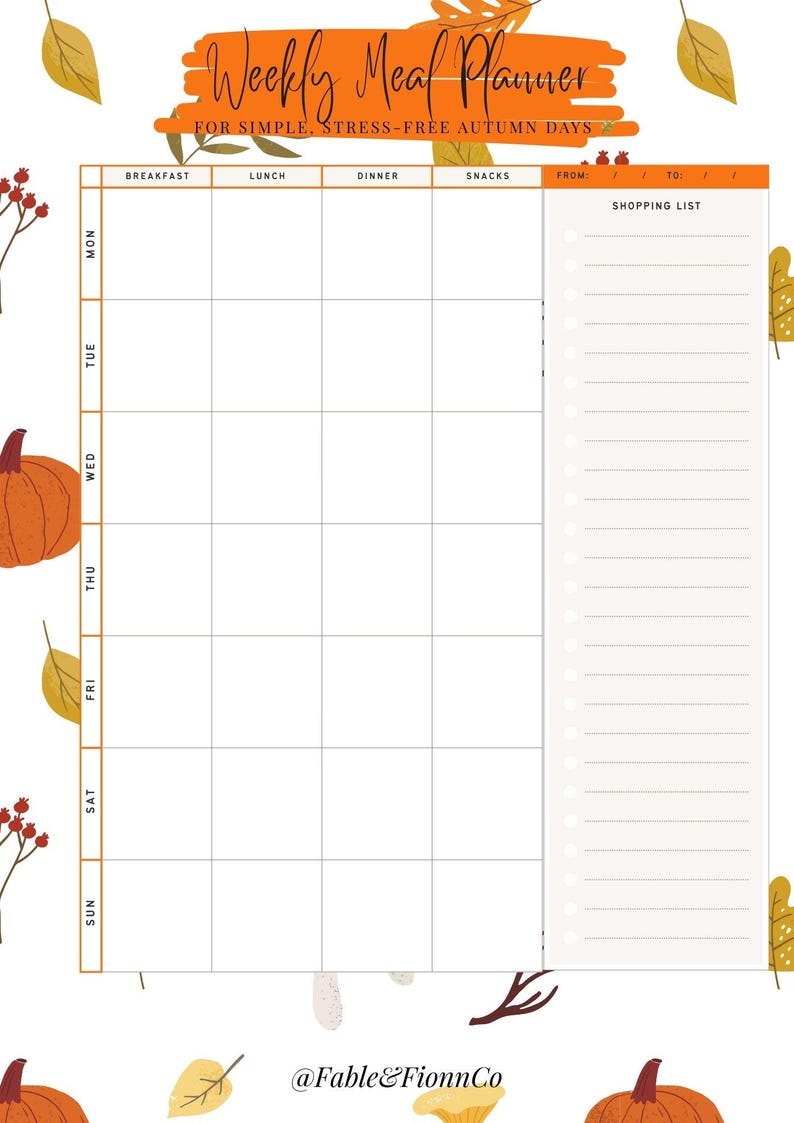 Autumn Meal Planner Printable | Weekly Meal Planning Sheet | Cozy Fall ...