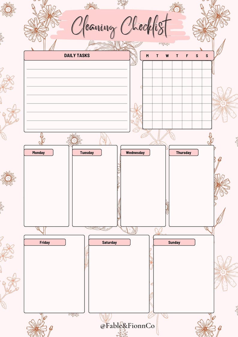 Floral Cleaning Checklist Printable: Weekly Home Organizer (digital ...