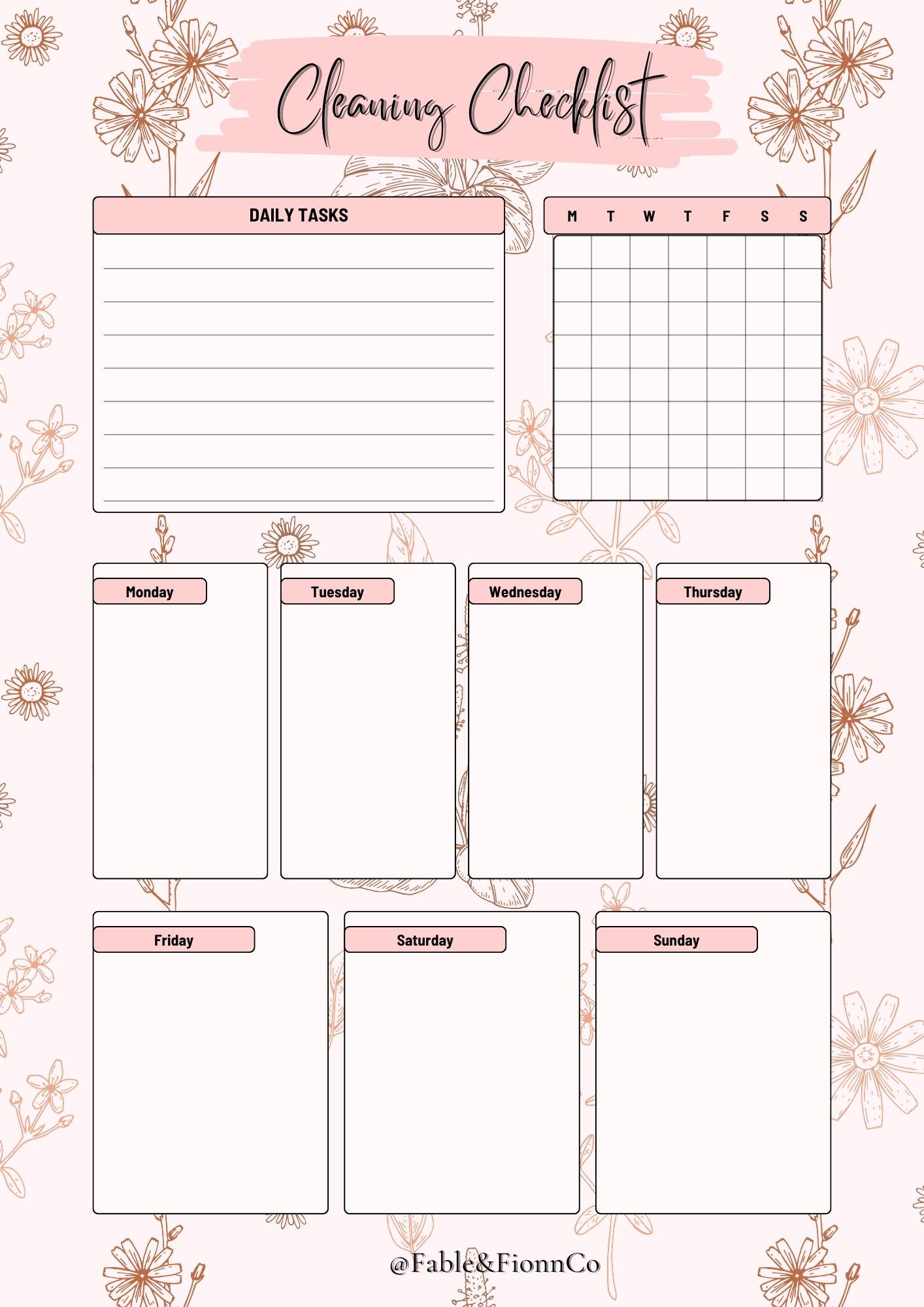 Floral Cleaning Checklist Printable: Weekly Home Organizer (digital ...