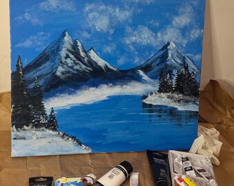 Original Acrylic Mountain Landscape Painting – Blue Lake & Snowy Peaks