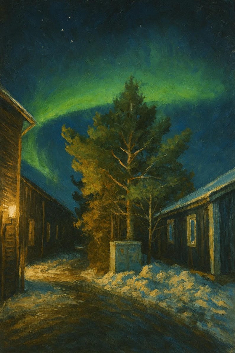 May include: An oil painting depicts a winter night scene with a vibrant aurora borealis in the sky. Buildings line a snow-covered street, with a large tree in the center. The artwork uses a palette of blues, greens, and yellows to create a serene atmosphere.