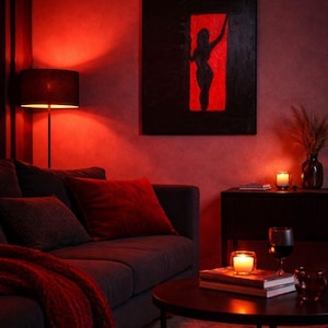 以下が含まれることがあります： 赤を基調としたリビングルーム。赤いシルエットの黒い絵が壁に飾られています。赤いクッションと赤いスローが付いたグレーのソファ。丸いコーヒーテーブルには、キャンドルと本が置かれています。