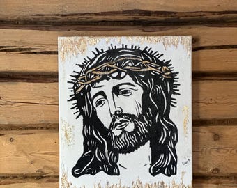 Original Acrylic Jesus Painting Black and Gold Religious Wall Art Canvas