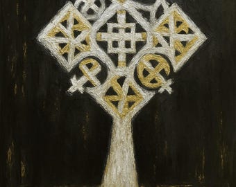 Oriental Christian Cross Painting, Textured Gold & White Art