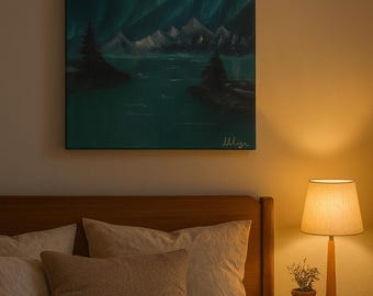 aurora Borealis Mountain Landscape Painting-Original Canvas Wall Art