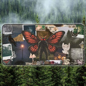 May include: A rectangular design featuring a collage of images, including a Mothman illustration with red eyes and wings, set against a forest backdrop. The word "Mothman" is written in red. Other elements include a raven, stamps, and a vintage aesthetic.
