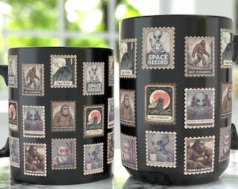 Mothman Mug: Cryptid Stamps Ceramic Coffee Cup 11 oz 15 oz Black Mug, Bigfoot Alien Weirdcore Gift, Halloween Mug Gift for Cryptid Fan
