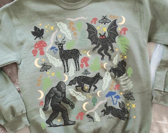 Forest Friends Sweatshirt: Cozy Woodland Animals Crewneck, Cottagecore Lino Print Nature Sweatshirt, Whimsical Linocut Forestcore Gift