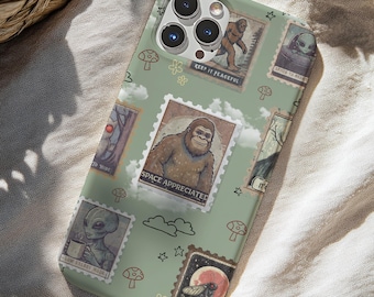 Cottagecore Cryptid Stamps Phone Case: Folk Horror Protective Phone Case, Mothman Bigfoot and Alien Folklore Gift, Spooky Cute iPhone Case