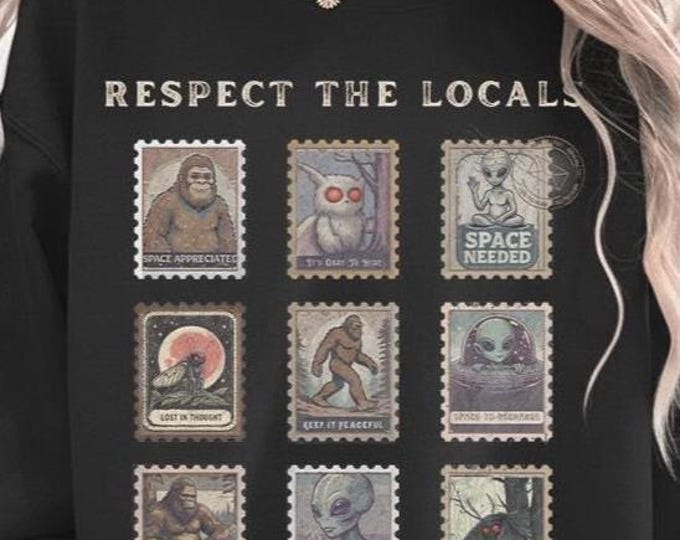 Cryptid Stamps Sweatshirt: Mothman & Bigfoot Folklore Comfort Colors Crewneck, Cozy Cottagecore Gift, Cute Mothman Merch Cryptidcore Clothes