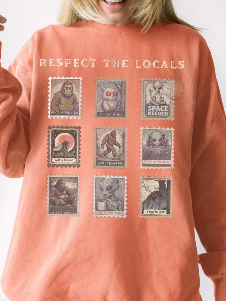 Cryptid Stamps Sweatshirt: Mothman & Bigfoot Folklore Comfort Colors Crewneck, Cozy Cottagecore Gift, Cute Mothman Merch Cryptidcore Clothes Terracotta