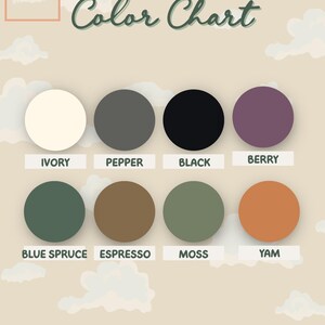 Available colors card including Ivory, Pepper, Black, Berry, Espresso, Moss and Yam.