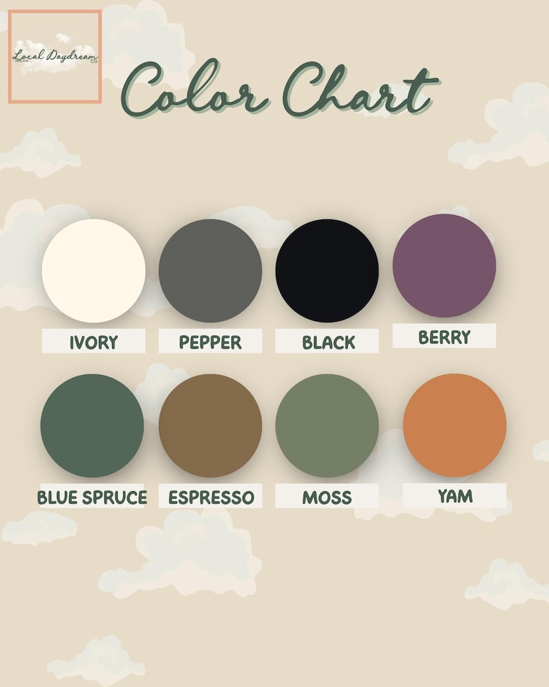 Available colors card including Ivory, Pepper, Black, Berry, Espresso, Moss and Yam.