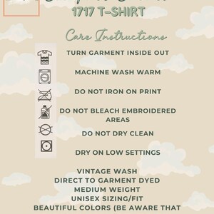 Cloud-themed instruction card for Comfort Colors 1717 T-shirt with care icons and text describing washing, drying, fabric details, garment dye process, and unisex sizing information.