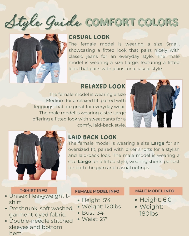 Comfort Colors style guide card showing male and female models wearing different fits of a garment, with cloud background and descriptions for casual, relaxed, and laid-back looks, plus t-shirt and model info.