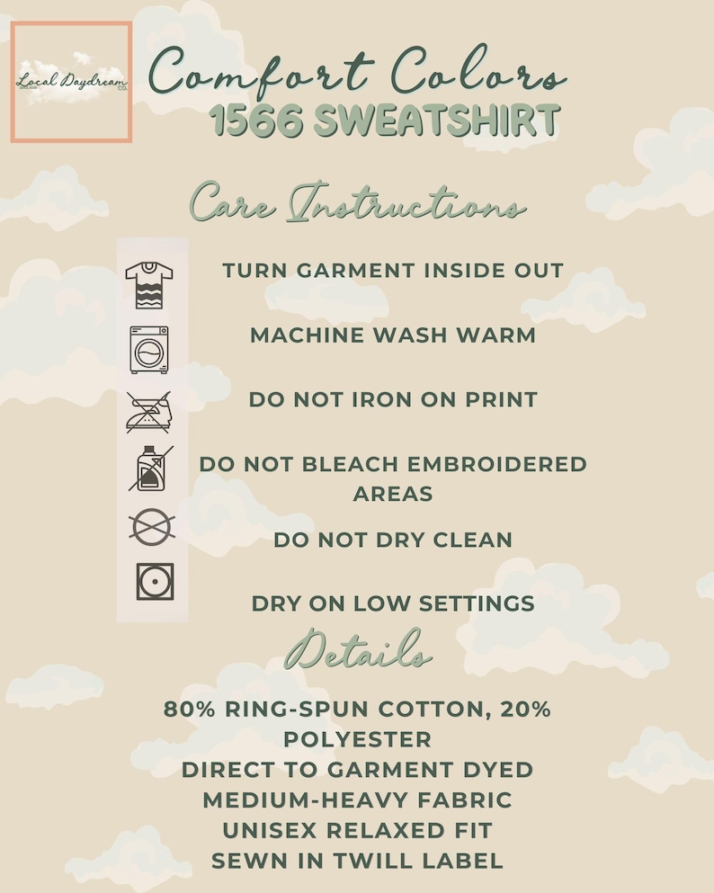 Beige cloud-themed care instruction card for Comfort Colors 1566 sweatshirt with icons showing washing, drying, and care symbols, plus text detailing washing instructions and material information.