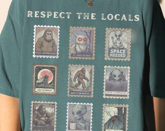 Respect the Locals Cryptid Tee: Comfort Colors Vintage Stamp Mothman Shirt, Sasquatch Bigfoot Gift Alien Tee, Folk Horror Shirt Mothman Gift