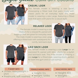 Comfort Colors style guide card showing male and female models wearing different fits of a garment, with cloud background and descriptions for casual, relaxed, and laid-back looks, plus t-shirt and model info.