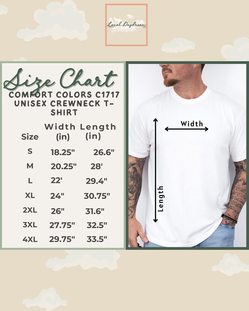 Comfort Colors T-shirt size chart showing width and length measurements for sizes S to 4XL alongside a model photo, with cloud background and brand logo.