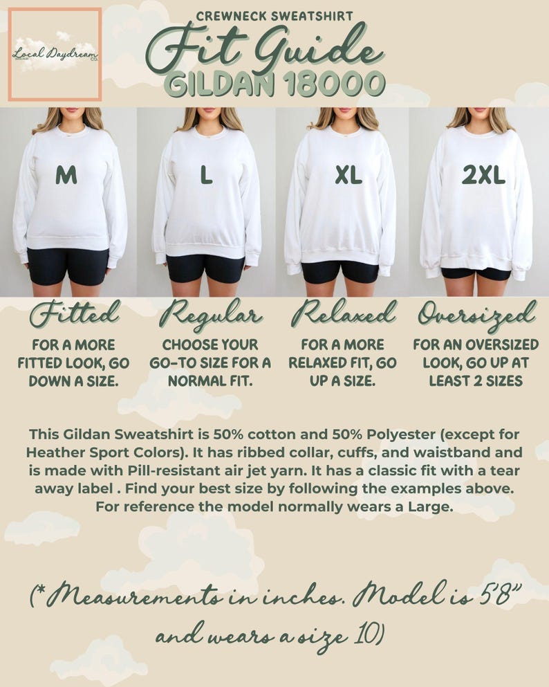 Gildan 18000 crewneck sweatshirt fit guide showing fitted, regular, relaxed, and oversized fits on a female model, with descriptions and cloud-themed background.