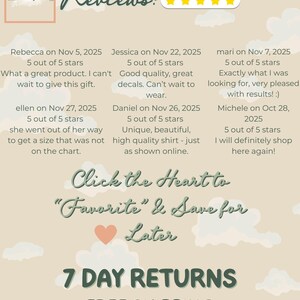 Review showcase graphic featuring six customer reviews with five-star ratings. Text displayed on a beige background with soft cloud illustrations and a small shop logo.