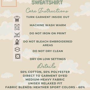 Beige cloud-themed care instruction card for Gildan 18000 sweatshirt with icons showing washing, drying, and care symbols, plus text detailing washing instructions and material information.