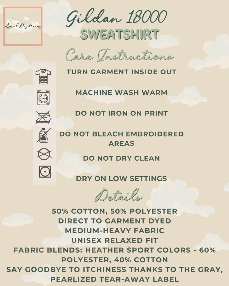 Beige cloud-themed care instruction card for Gildan 18000 sweatshirt with icons showing washing, drying, and care symbols, plus text detailing washing instructions and material information.