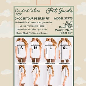 Fit guide card for Comfort Colors 1717 T-shirt featuring female model demonstrating relaxed, loose, oversized, and dress shirt fits, with size chart measurements and model stats on a cloud-themed background.
