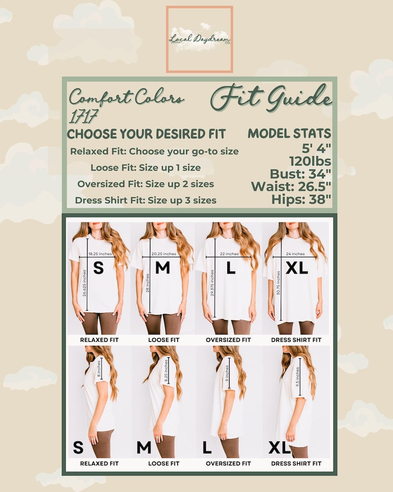 Fit guide card for Comfort Colors 1717 T-shirt featuring female model demonstrating relaxed, loose, oversized, and dress shirt fits, with size chart measurements and model stats on a cloud-themed background.