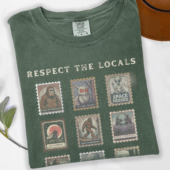 Respect the Locals Cryptid Tee: Comfort Colors Vintage Stamp Mothman Shirt, Sasquatch Bigfoot Gift Alien Tee, Folk Horror Shirt Mothman Gift
