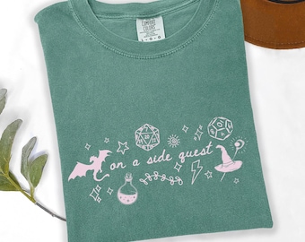 Side Quest Comfort Colors Tee: D20 T-Shirt for DnD Players, Whimsical Cozy Gamer T-Shirt, DnD Shirt for Women, Fantasy Dragon Tee
