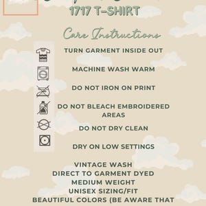 Cloud-themed instruction card for Comfort Colors 1717 T-shirt with care icons and text describing washing, drying, fabric details, garment dye process, and unisex sizing information.