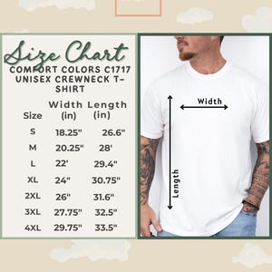 Comfort Colors T-shirt size chart showing width and length measurements for sizes S to 4XL alongside a model photo, with cloud background and brand logo.