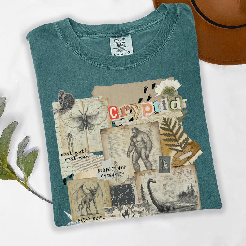 Cryptozoology Comfort Colors Tee: Vintage Cryptid Shirt, Bigfoot Gifts Mothman Merch, Loch Ness T-Shirt, Dark Academia Folklore Graphic Tee Blue Spruce