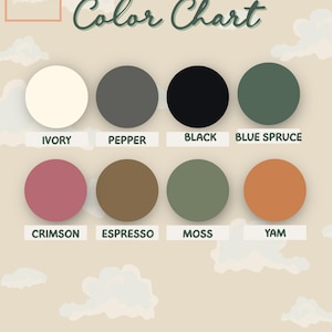 Available colors card including Ivory, Pepper, Black, Blue Spruce, Crimson, Espresso, Moss and Yam.