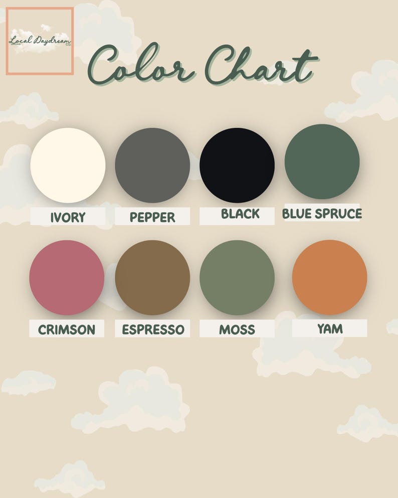 Available colors card including Ivory, Pepper, Black, Blue Spruce, Crimson, Espresso, Moss and Yam.
