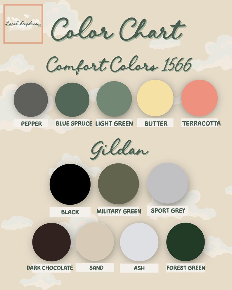 Available colors card including Pepper, Blue Spruce, Light Green, Butter, Terracotta, Black, Military Green, Sport Grey, Dark Chocolate, Sand, Ash and Forest Green.