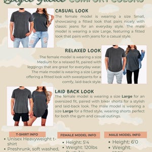 Comfort Colors style guide card showing male and female models wearing different fits of a garment, with cloud background and descriptions for casual, relaxed, and laid-back looks, plus t-shirt and model info.