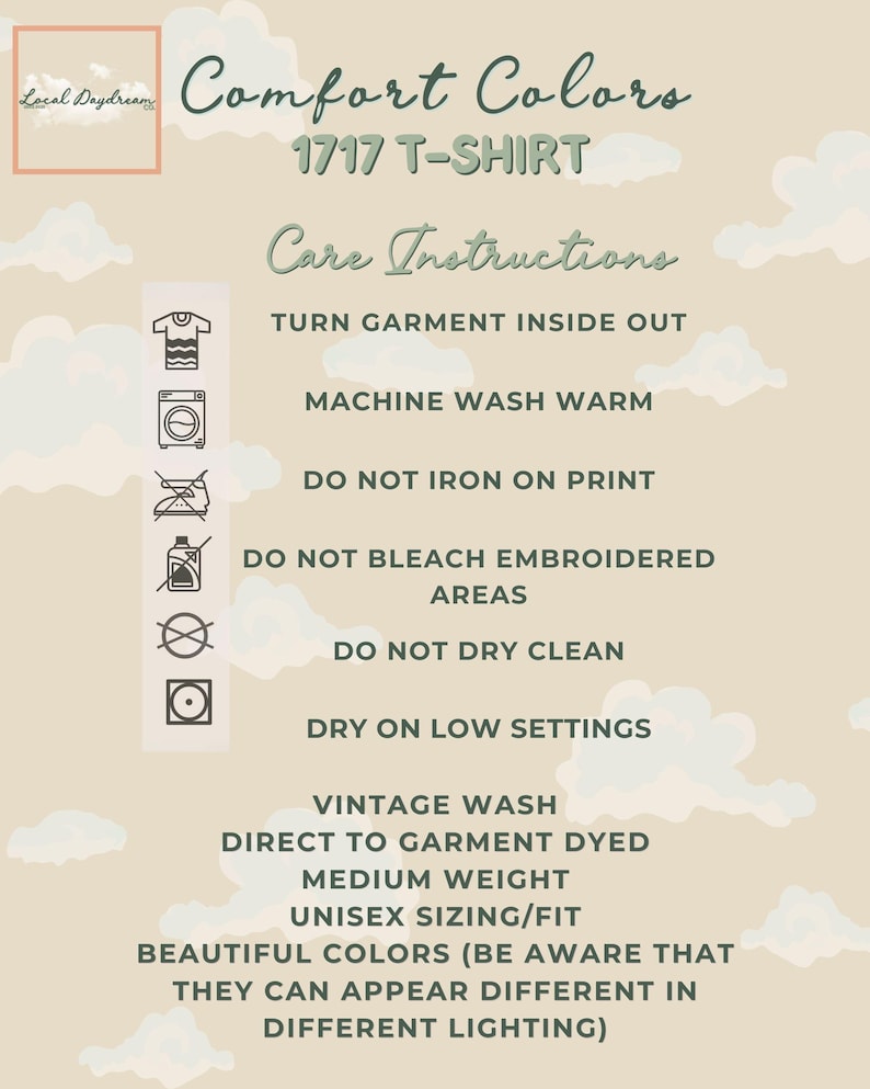 Cloud-themed instruction card for Comfort Colors 1717 T-shirt with care icons and text describing washing, drying, fabric details, garment dye process, and unisex sizing information.