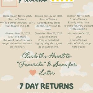 Review showcase graphic featuring six customer reviews with five-star ratings. Text displayed on a beige background with soft cloud illustrations and a small shop logo.