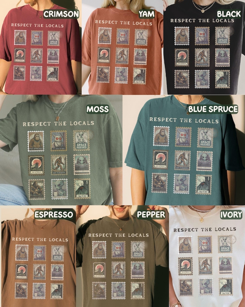 Respect the Locals Cryptid Tee: Comfort Colors Vintage Stamp Mothman Shirt, Sasquatch Bigfoot Gift Alien Tee, Folk Horror Shirt Mothman Gift image 4