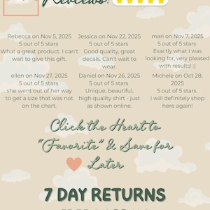 Review showcase graphic featuring six customer reviews with five-star ratings. Text displayed on a beige background with soft cloud illustrations and a small shop logo.