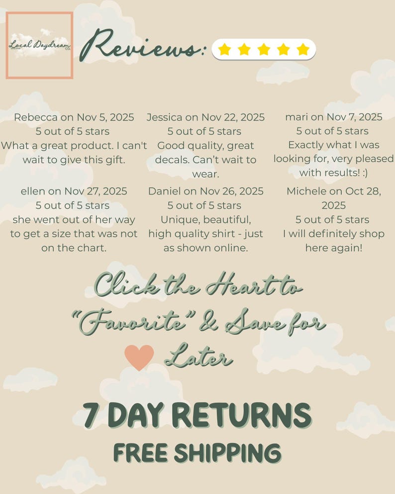 Review showcase graphic featuring six customer reviews with five-star ratings. Text displayed on a beige background with soft cloud illustrations and a small shop logo.