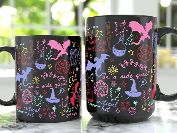 Whimsical DnD Fantasy Dragon Ceramic Coffee Mug: Cute Coffee Cup D20 Gift for DnD Player, TTRPG Gift for Cozy Gamer 11 oz 15 oz Mug