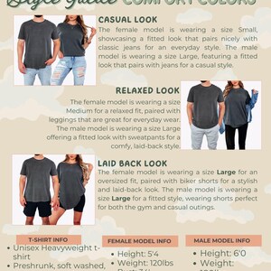 Comfort Colors style guide card showing male and female models wearing different fits of a garment, with cloud background and descriptions for casual, relaxed, and laid-back looks, plus t-shirt and model info.