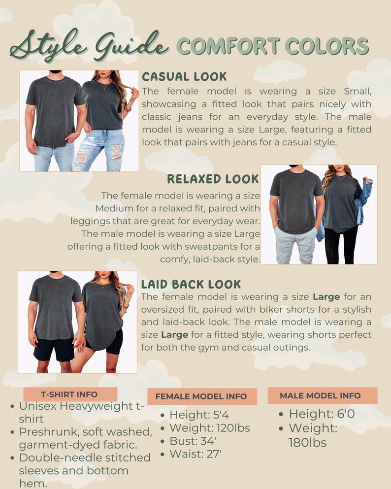 Comfort Colors style guide card showing male and female models wearing different fits of a garment, with cloud background and descriptions for casual, relaxed, and laid-back looks, plus t-shirt and model info.