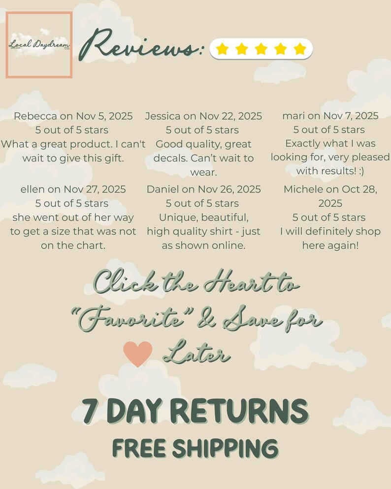 Review showcase graphic featuring six customer reviews with five-star ratings. Text displayed on a beige background with soft cloud illustrations and a small shop logo.