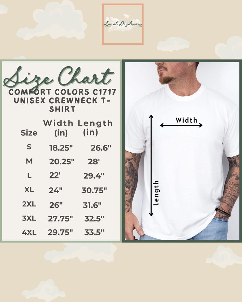 Comfort Colors T-shirt size chart showing width and length measurements for sizes S to 4XL alongside a model photo, with cloud background and brand logo