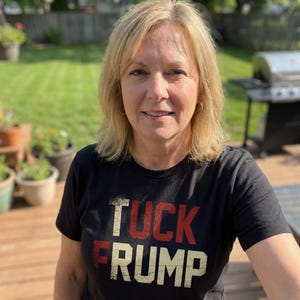 May include: A woman wearing a black t-shirt with the words "TUCK TRUMP" in red and white block letters. The woman has blonde hair and is smiling. The background includes a green lawn, potted plants, and a grill.
